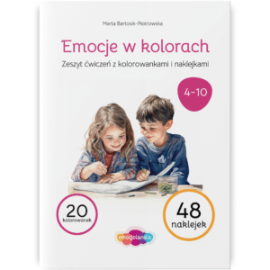 Okładka zeszytu ćwiczeń dla dzieci zatytułowanego "Emocje w kolorach" autorstwa Marty Bartosik-Piotrowskiej. Zeszyt przeznaczony jest dla dzieci w wieku 4-10 lat i zawiera 20 kolorowanek oraz 48 naklejek. Na ilustracji znajduje się dwójka dzieci – dziewczynka i chłopiec – wspólnie rysujących. Zeszyt ćwiczeń ma na celu wspieranie rozwoju emocjonalnego dzieci poprzez zabawę i twórczość, oferując im możliwość kolorowania oraz używania naklejek. Wydawnictwo emocjolandia.