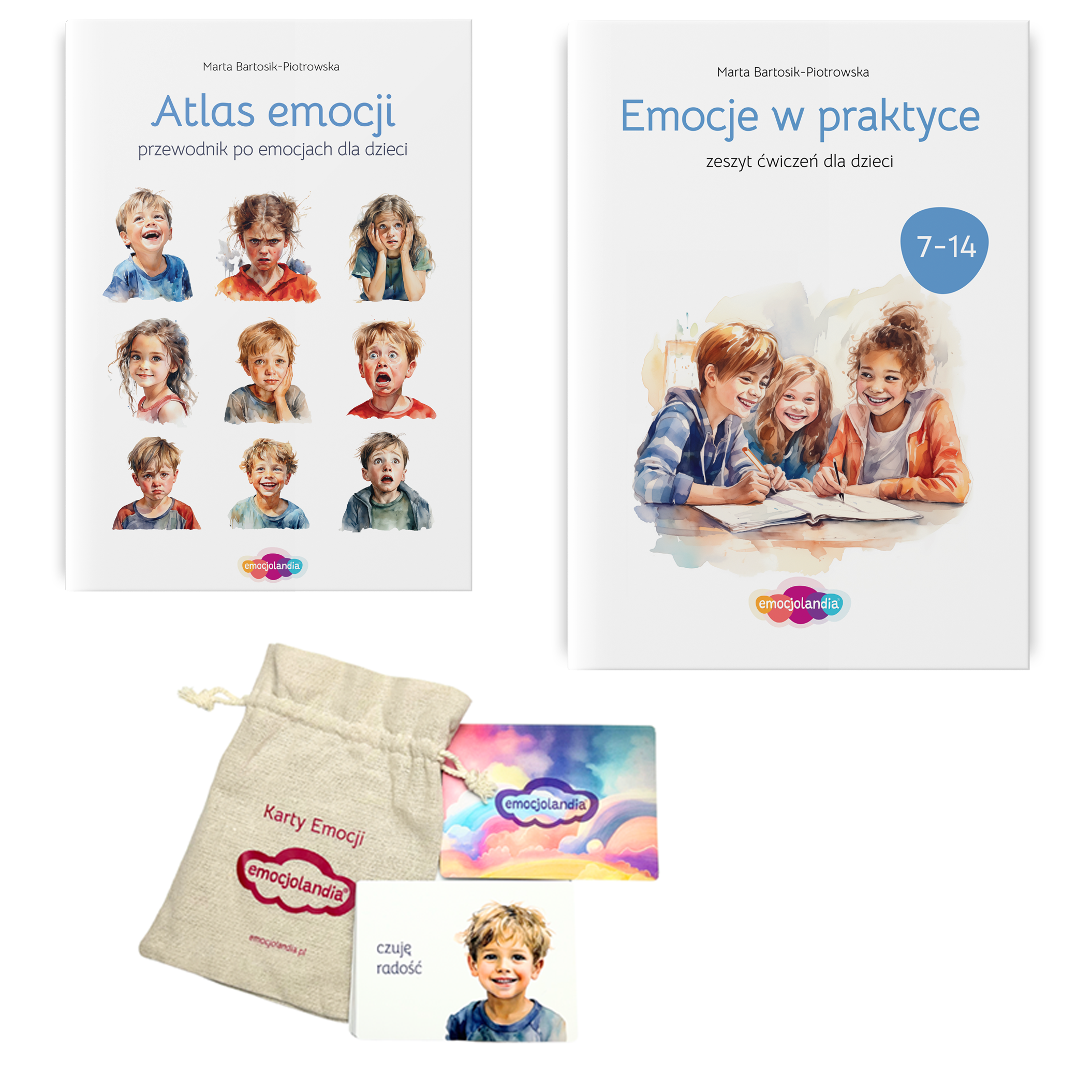 Zestaw materiałów edukacyjnych dotyczących emocji dla dzieci. Po lewej stronie znajduje się książka "Atlas emocji. Przewodnik po emocjach dla dzieci i młodzieży", ukazująca różne emocje na twarzach dzieci. Po prawej stronie widzimy zeszyt ćwiczeń pt. "Emocje w praktyce. Zeszyt ćwiczeń dla dzieci 7-14", który ma na celu rozwijanie umiejętności rozpoznawania i wyrażania emocji. Na dole znajduje się woreczek z kartami emocji z napisem "Emocjolandia Karty Emocji", przedstawiający karty z ilustracjami i podpisami emocji, takich jak "Czuję radość" oraz "Czuję przygnębienie".