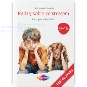 Okładka zestawu kart pracy „Radzę sobie ze stresem” w wersji PDF przeznaczonego dla dzieci w wieku 9-16 lat. Ilustracja przedstawia dwoje dzieci w stresujących pozach, co symbolizuje wyzwania emocjonalne, z którymi mogą się zmagać. Materiał ma na celu wspieranie dzieci w radzeniu sobie ze stresem poprzez różnorodne ćwiczenia i zadania.