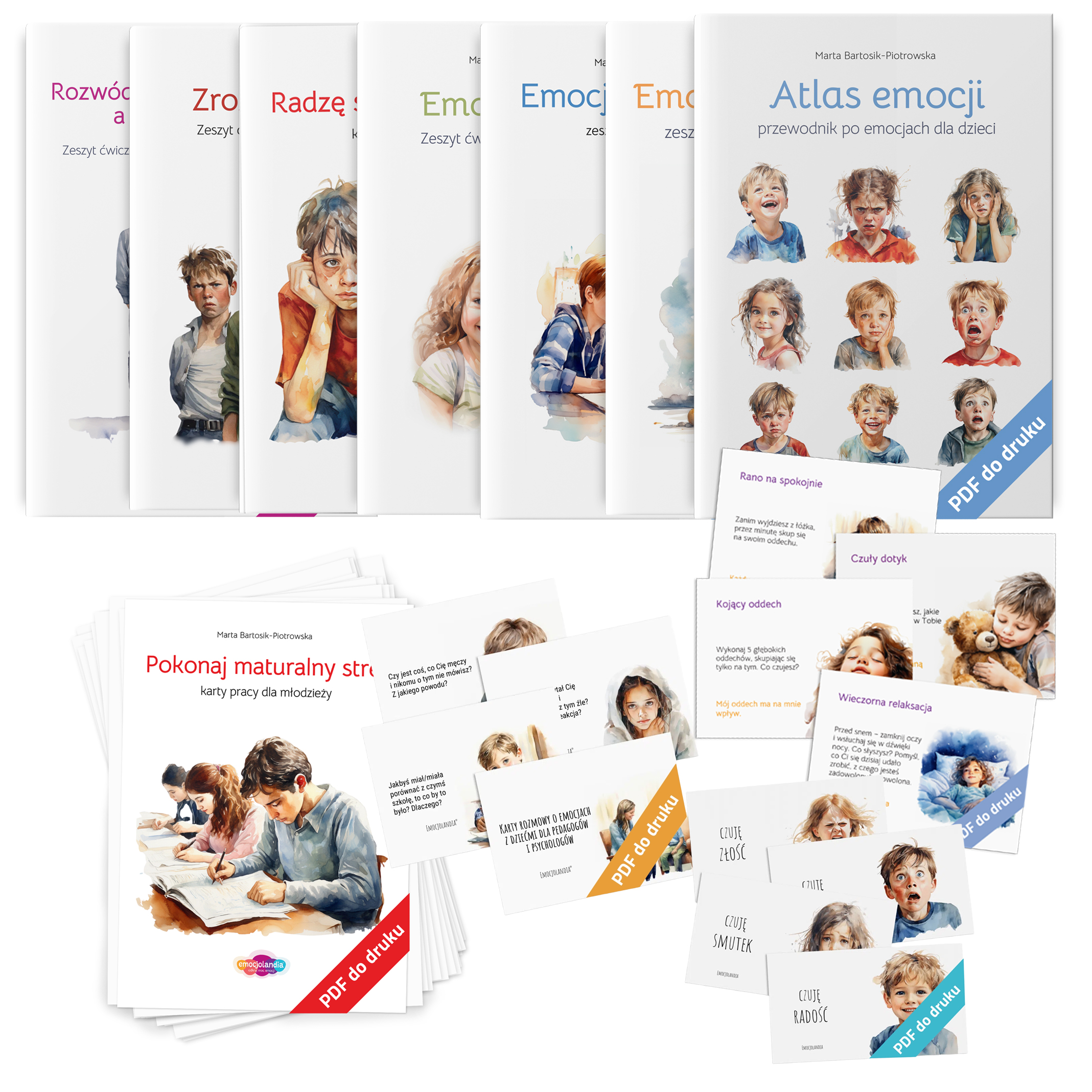 Zestaw PDF dla pedagoga specjalnego zawierający różnorodne materiały wspierające pracę z emocjami dzieci i młodzieży. W skład wchodzą zeszyty ćwiczeń dotyczące złości, stresu i rozwodu rodziców, „Atlas emocji”, karty do rozmów o emocjach, oraz „Pokonaj maturalny stres” – karty pracy dla młodzieży.