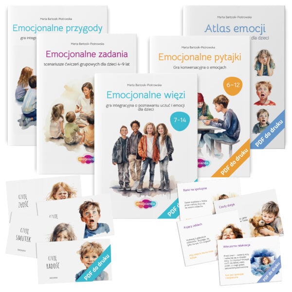 Zestaw materiałów PDF dla trenerów TUS wspierających rozwój emocjonalny dzieci i młodzieży. Zawiera gry i scenariusze ćwiczeń, takie jak "Emocjonalne więzi" i "Emocjonalne pytajki", oraz "Atlas emocji". Zestaw pomaga w poznawaniu i rozumieniu emocji poprzez interaktywne zadania i karty do rozmów o uczuciach. Idealny do pracy grupowej i indywidualnej z dziećmi w różnym wieku.