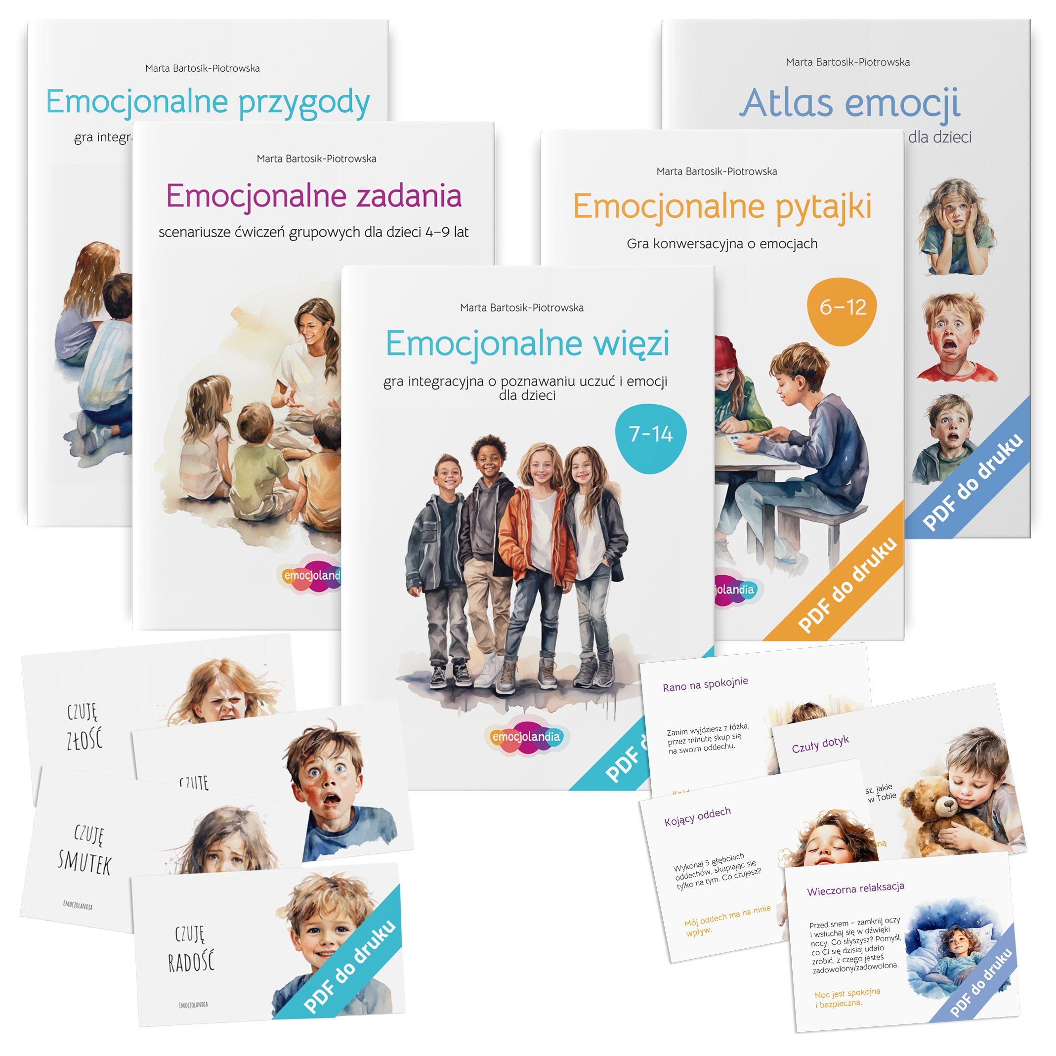 Zestaw materiałów PDF dla trenerów TUS wspierających rozwój emocjonalny dzieci i młodzieży. Zawiera gry i scenariusze ćwiczeń, takie jak "Emocjonalne więzi" i "Emocjonalne pytajki", oraz "Atlas emocji". Zestaw pomaga w poznawaniu i rozumieniu emocji poprzez interaktywne zadania i karty do rozmów o uczuciach. Idealny do pracy grupowej i indywidualnej z dziećmi w różnym wieku.