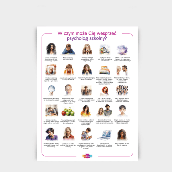 Plakat: W czym może Cię wesprzeć psycholog szkolny? (50x70cm)