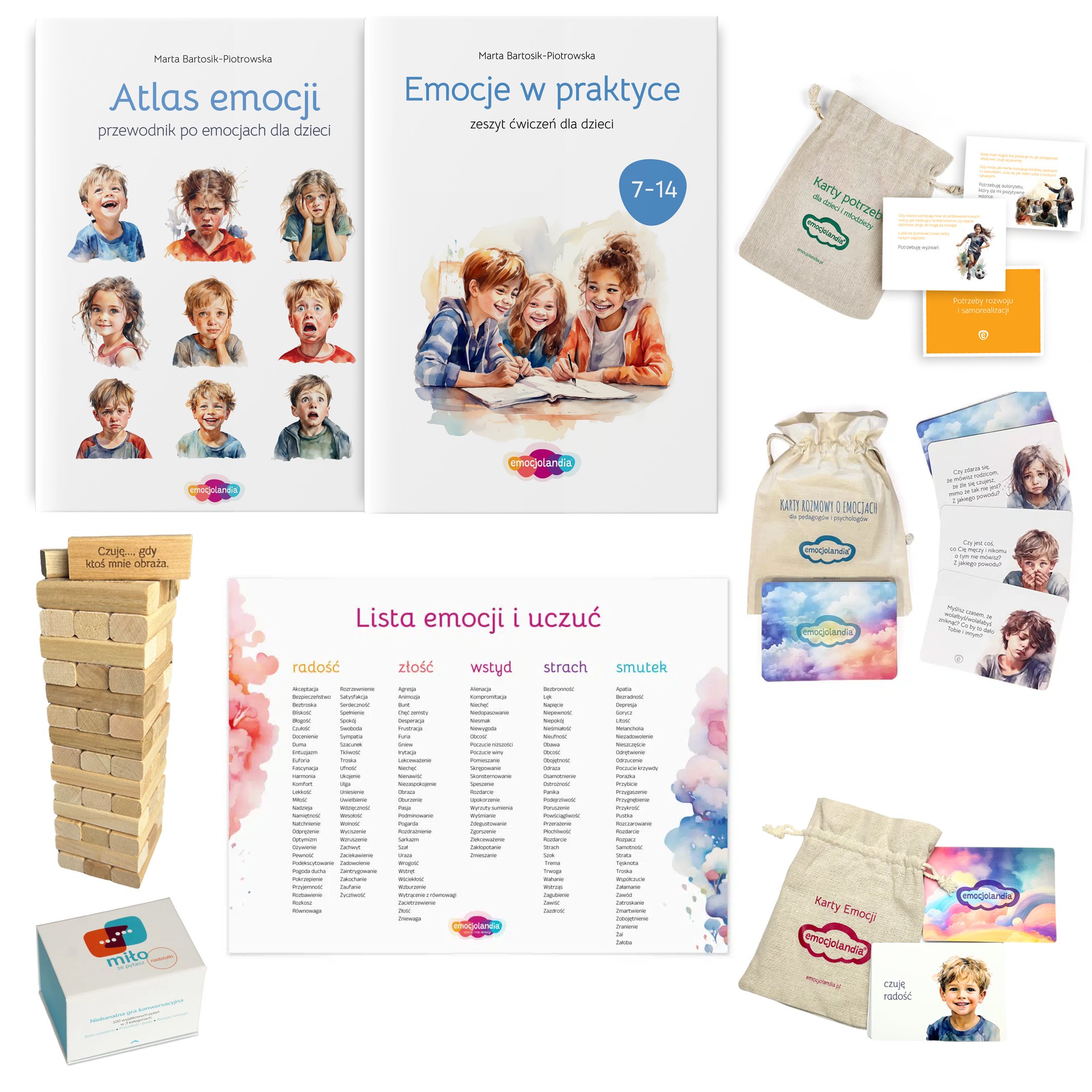Pakiet START Zestaw edukacyjny dla szkół Pakiet START od Emocjolandii, obejmujący: 'Atlas emocji' - przewodnik po emocjach, 'Emocje w praktyce' - zeszyt ćwiczeń dla dzieci, karty potrzeb i emocji, listę emocji i uczuć, grę wieża emocji wspierającą naukę o emocjach oraz karty do ćwiczeń w rozpoznawaniu i wyrażaniu uczuć. Idealny do wspierania rozwoju emocjonalnego dzieci i młodzieży.