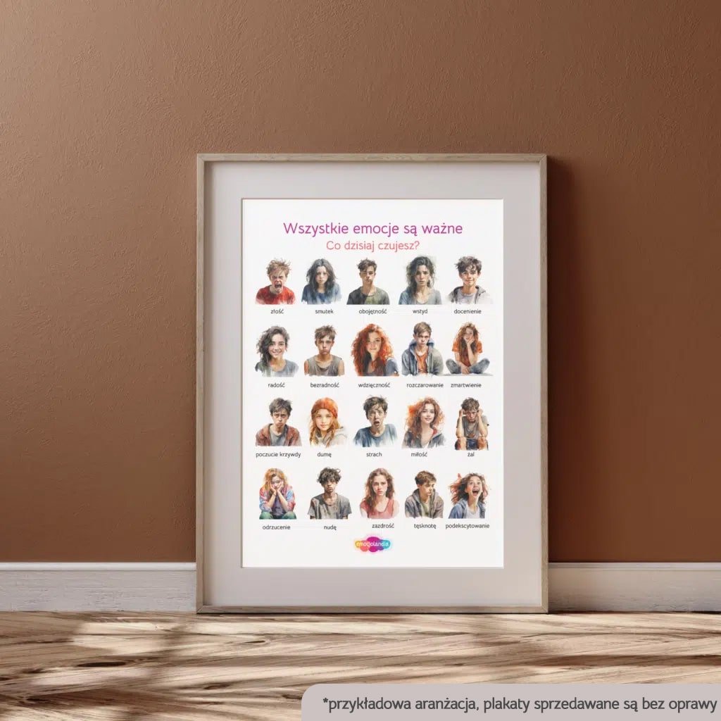 Plakat "Wszystkie emocje są ważne" oprawiony w ramkę, przedstawiający różnorodne emocje, takie jak złość, smutek, radość, strach, wdzięczność i wiele innych. Idealny do dekoracji wnętrza pokoju, klasy lub gabinetu terapeutycznego, wspierając rozwój emocjonalny i ułatwiając identyfikację uczuć.