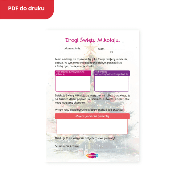 List do Świętego Mikołaja: karta pracy dla przedszkolaków (PDF)