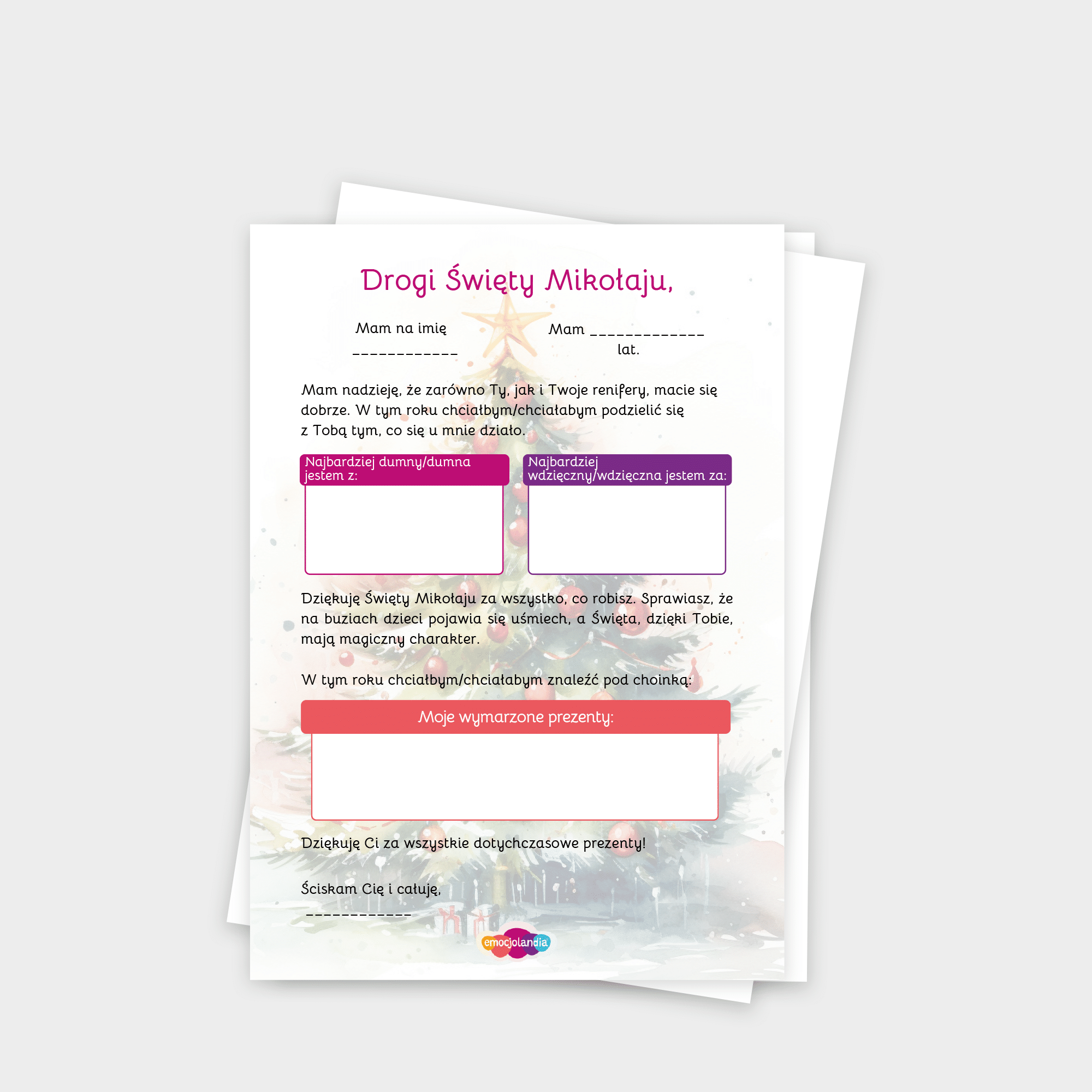 List do Świętego Mikołaja: karta pracy dla przedszkolaków (PDF)