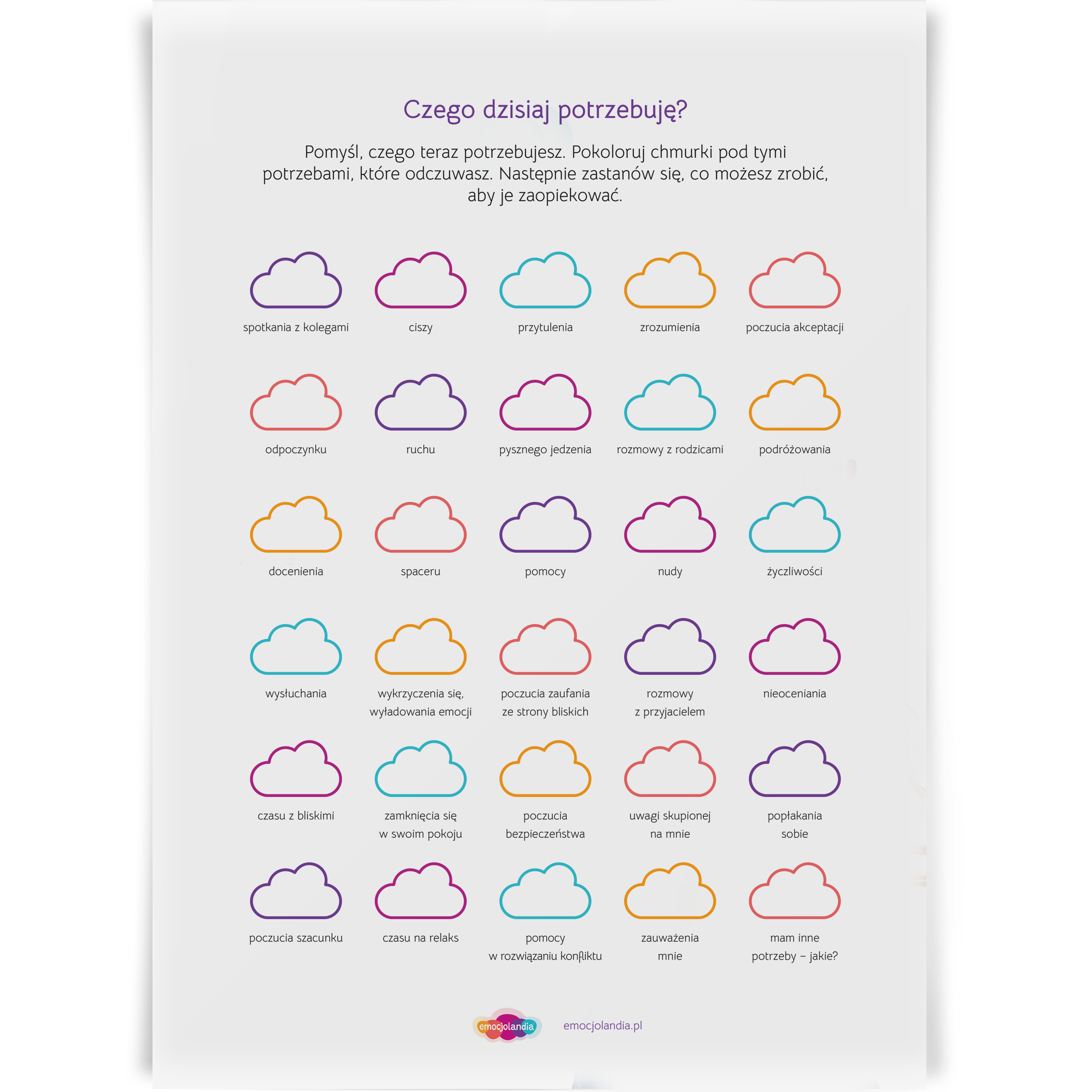 Plakat edukacyjny wielokrotnego użytku "Co dzisiaj czuję? Czego dzisiaj potrzebuję?"- 30x40 cm, komplet z pisakiem i gąbeczką - obrazek 2